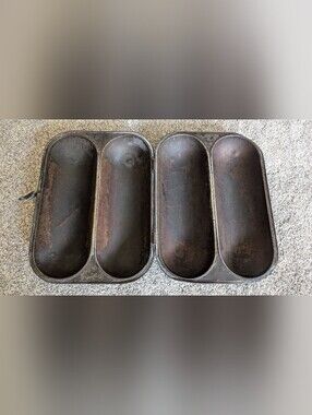 Antique Hinged Double French Bread Pan Industrial Rustic Metal Baguette Mold USA